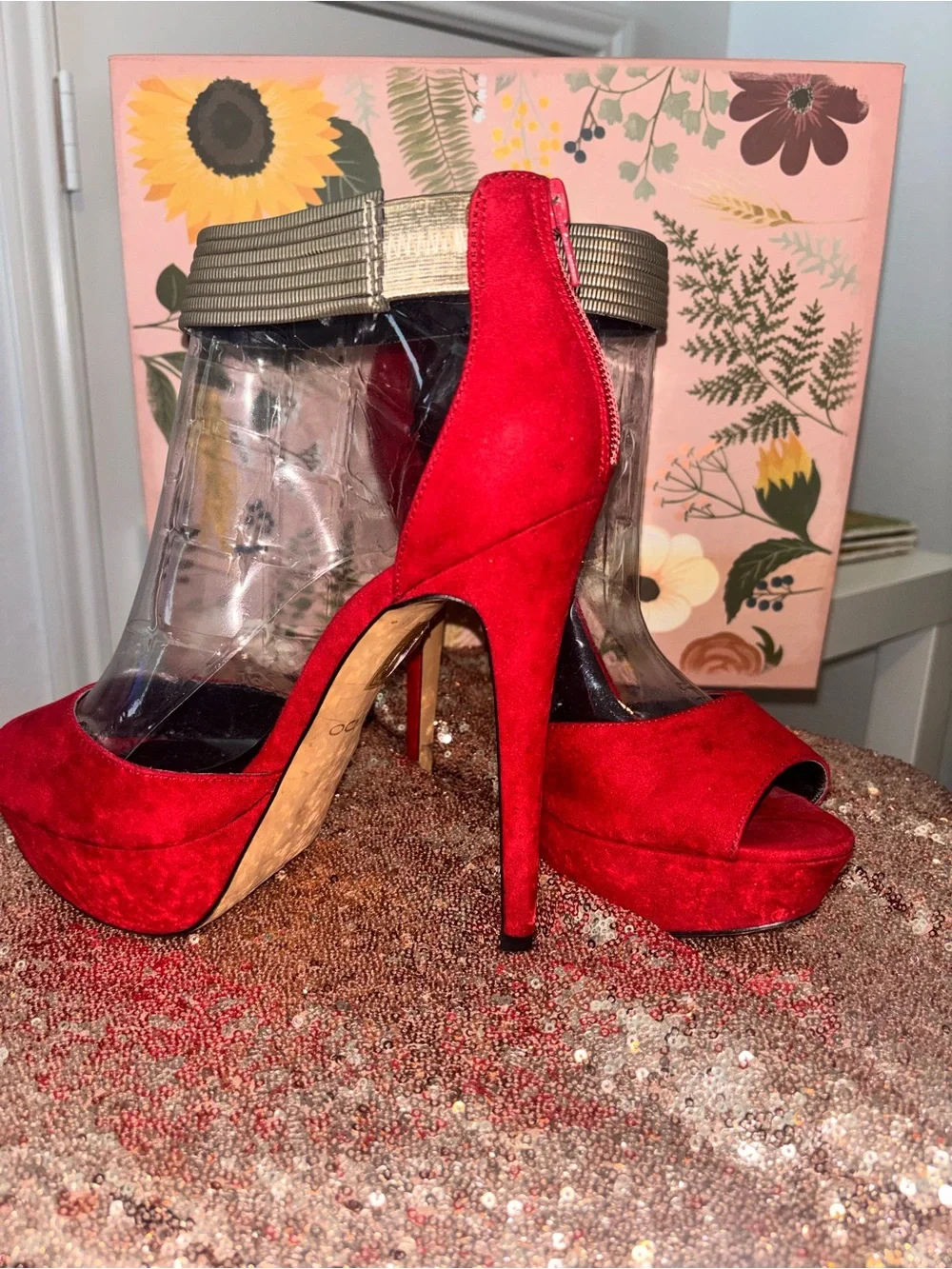 Aldo Red Suede Platform Peep-Toe Heels with Gold Ankle Detail
